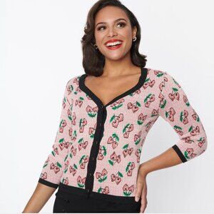 Unique Vintage | Pink Cherry Hearts Cardigan | Size Medium